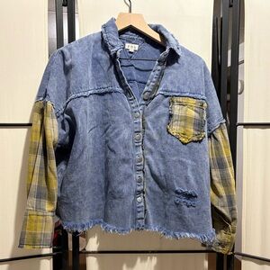 POL Distressed Denim and Plaid Flannel Cropped Jacket Or Shirt Size Small Grunge